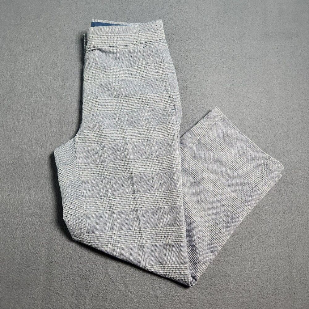 J. Crew Women 00 Blue Plaid Linen Blend Mid Rise Wide Leg Dress Pants